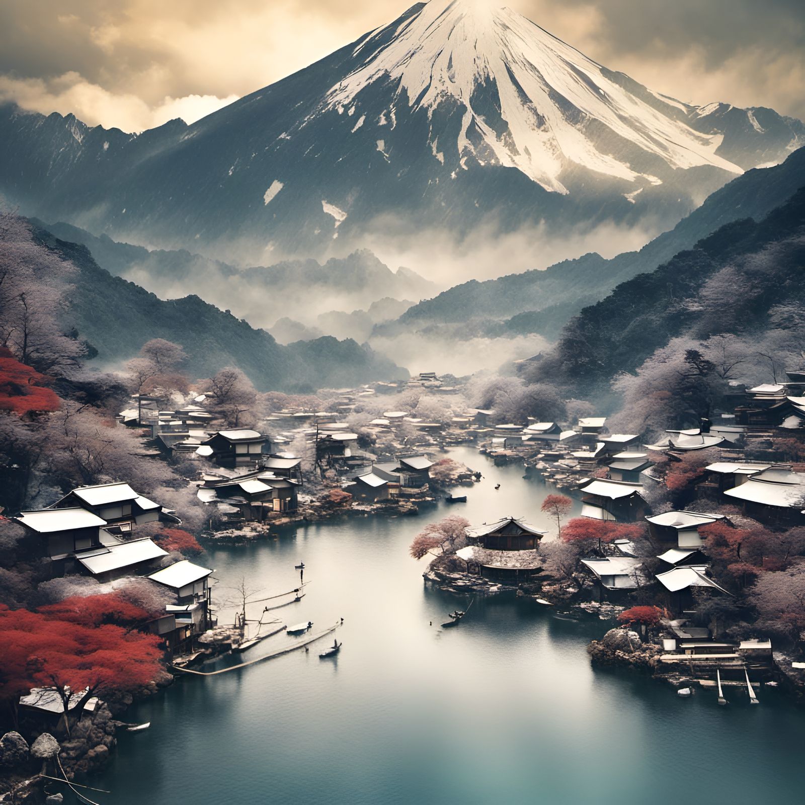 Origami Japanese Fishing Village Under Snowy Mountains