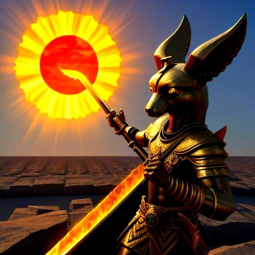 Anubis with Khopesh Before a Flaming Sun in 3D