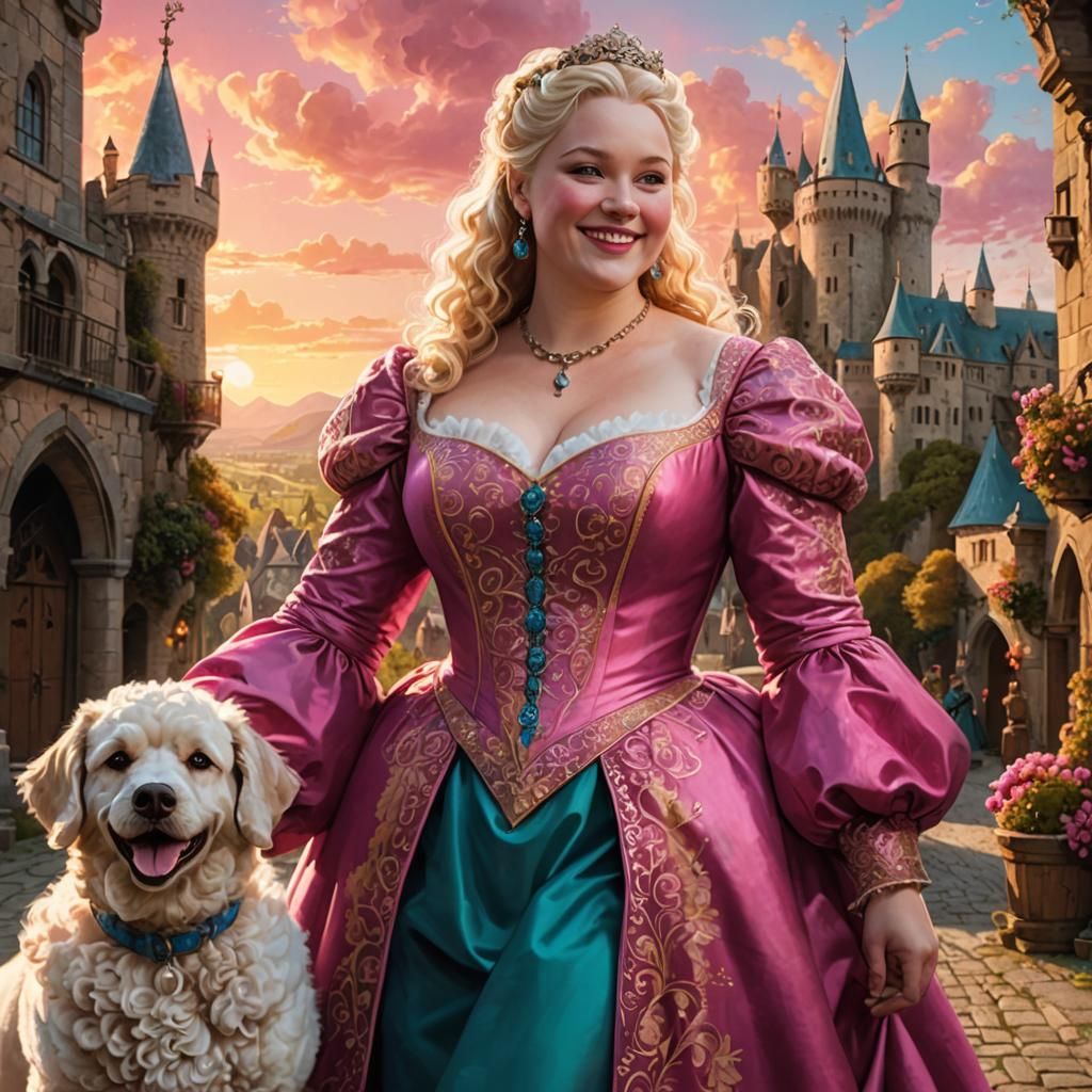 blonde girl with pink dress holding a poodle