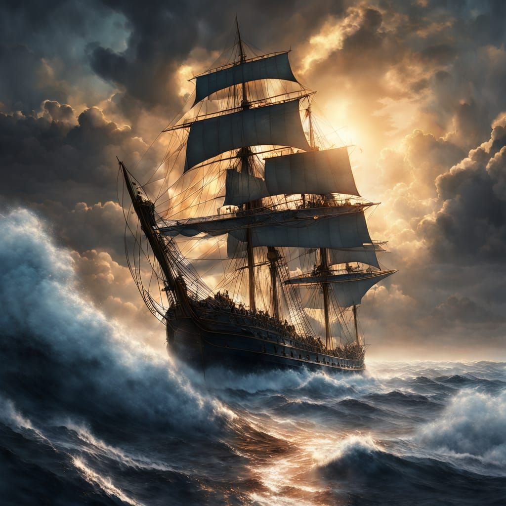 Majestic Sailing Fleet on Turbulent Sea Under Dramatic Sky