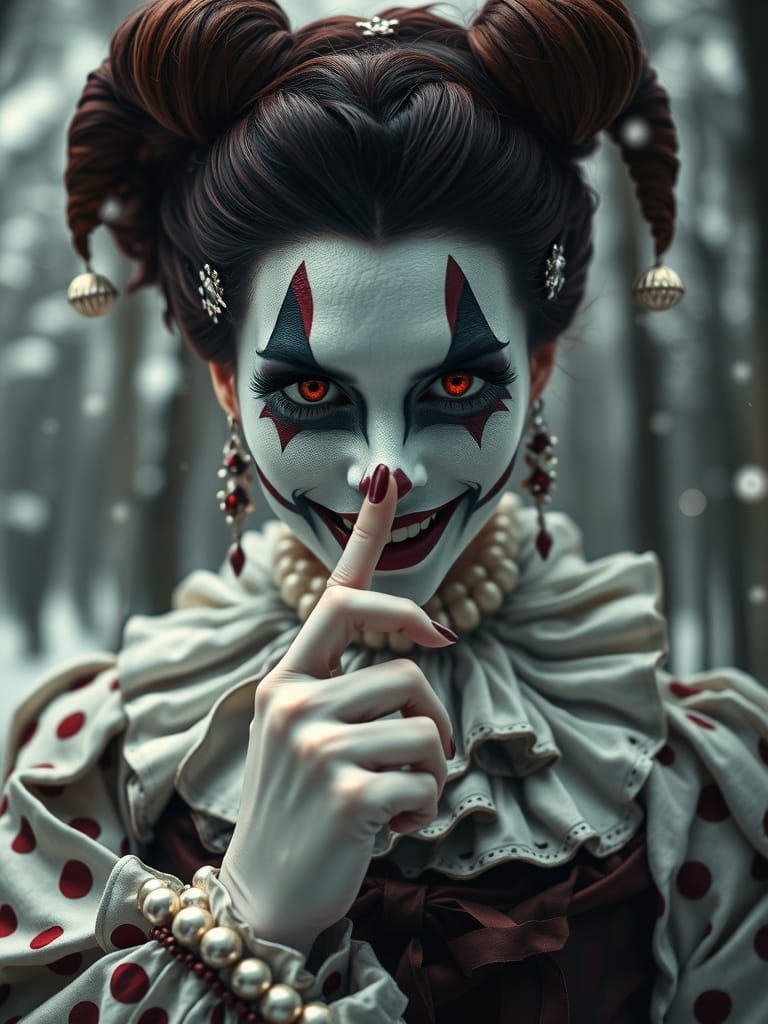 Scary Harlequin Woman in Victorian Costume with Red Eyes