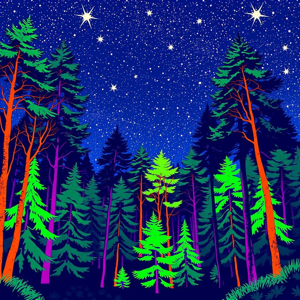 Mid-Century Pop Art Forest Under Starry Night Sky