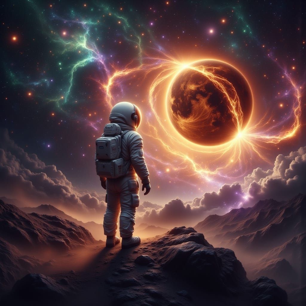 Astronaut Gazes At Binary Suns In Cosmic Nebula