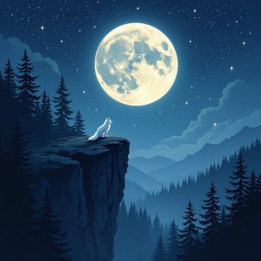 White Fox on Cliff Under Full Moon
