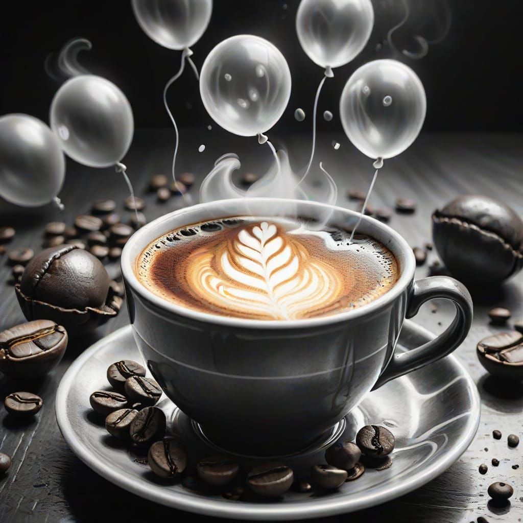 Atmospheric Coffee Cup Charcoal Drawing with Balloon Steam