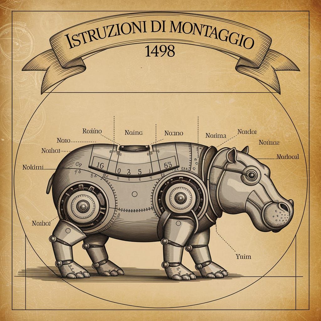 Robotic Hippo Assembly Guide in Da Vinci Style