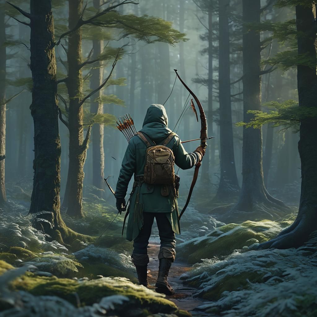 Hunter in Misty Forest: Fantasy Art Illustration