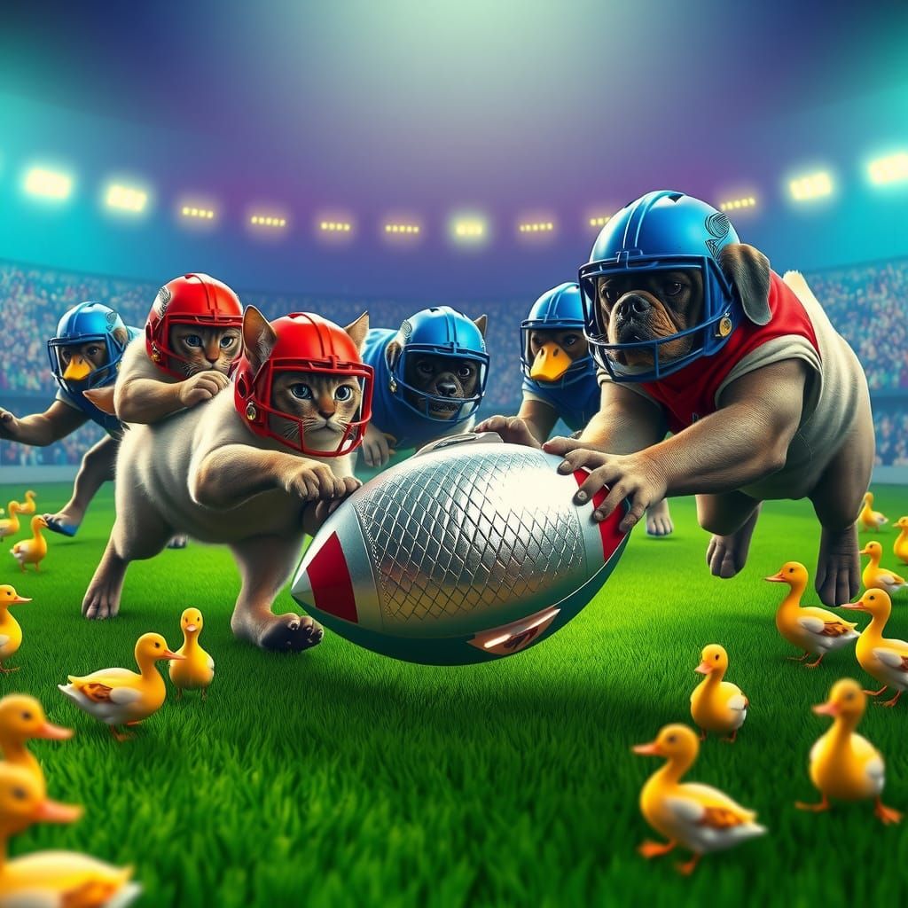 Electric Blue Stadium Rugby Match: Cats vs Dogs in Whimsical...