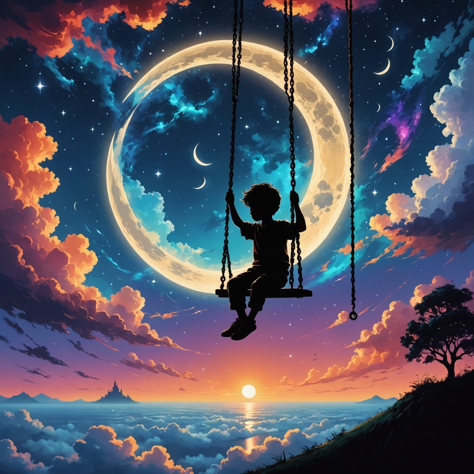 Child on Moon Swing Over Galaxy