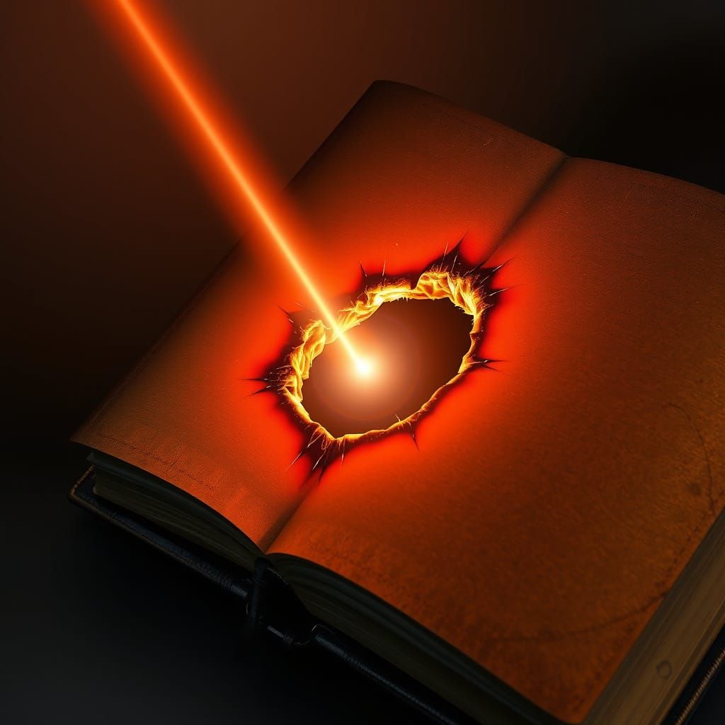 Laser Ignites Vintage Leather Book in Hyper-Realistic Style