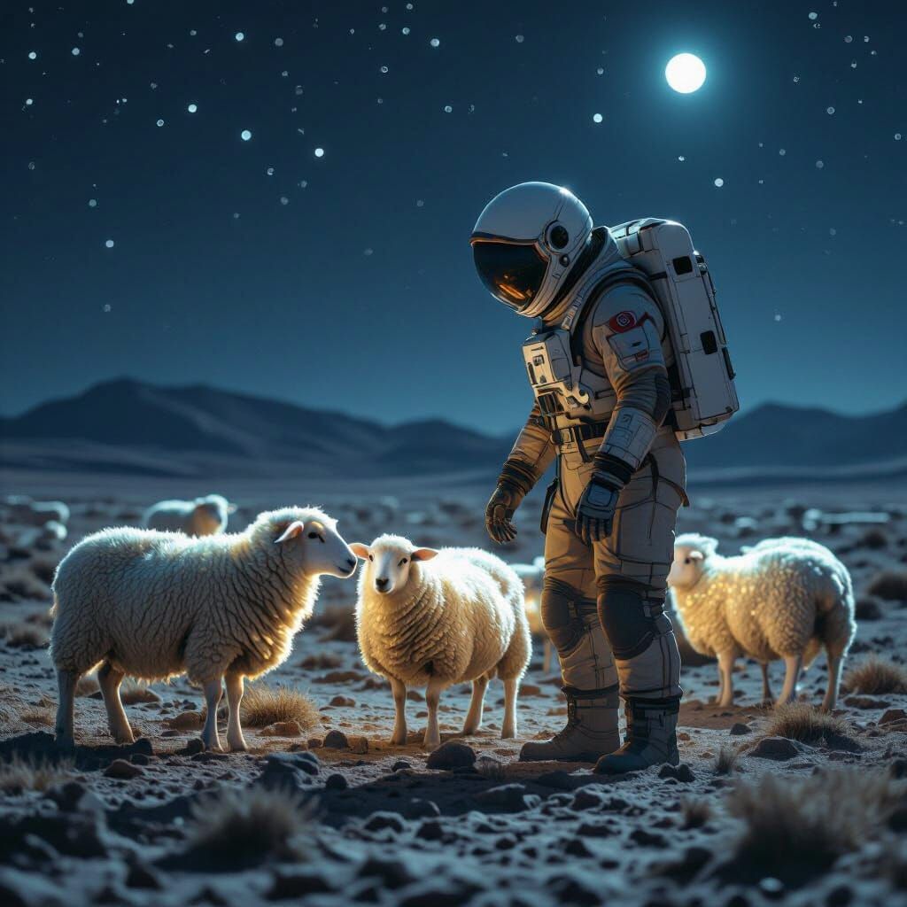 Astronaut Herding Bioluminescent Sheep on Moon