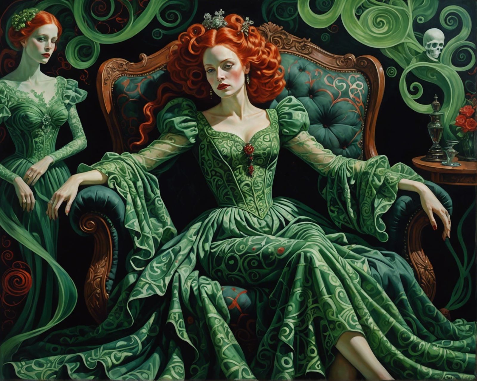 Surreal Woman in Green Dress with Ghostly Figures