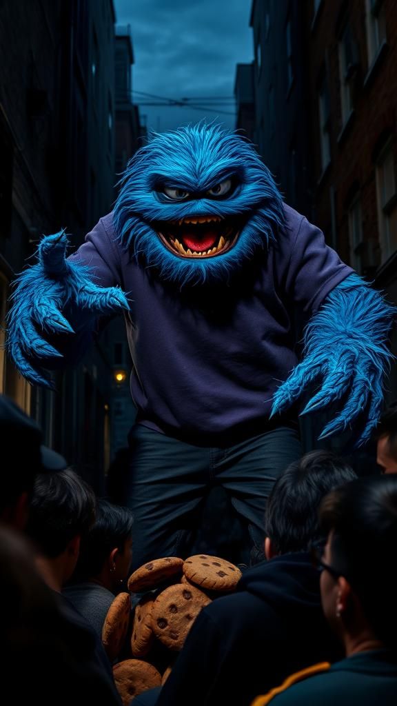 Menacing Cookie Monster Looms in Dark Alleyway