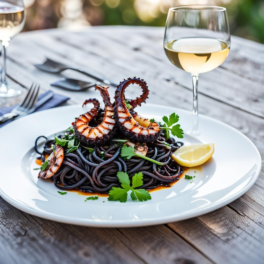 Black Pasta with Octopus on Mediterranean Terrace