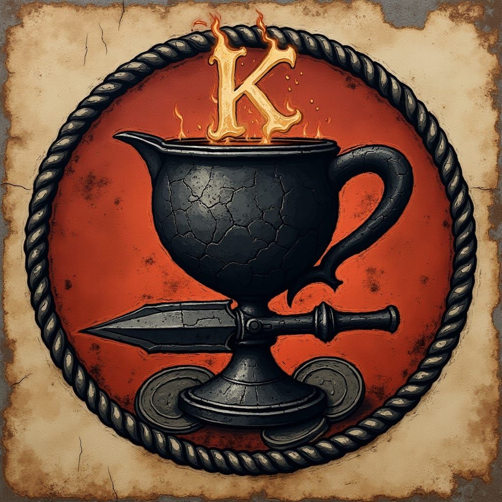 Grunge Medieval Kar's Cup Emblem in Iron and Parchment