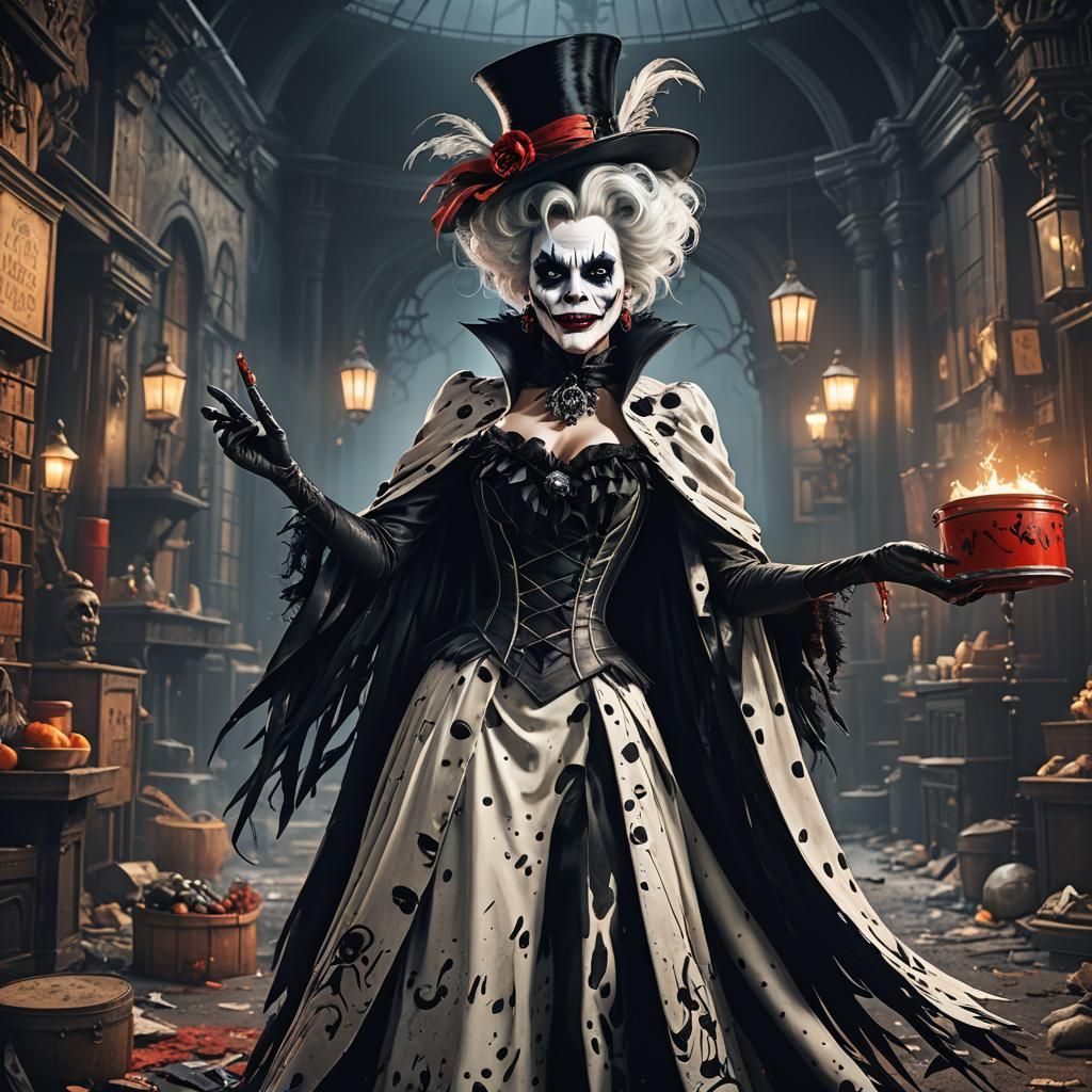 Hatbox Ghost as Cruella: Detailed Matte Painting