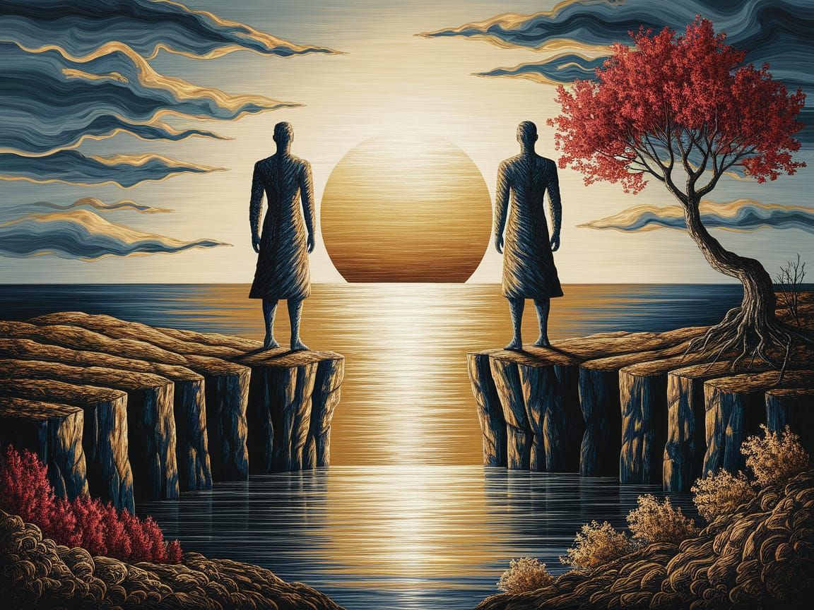 Golden Hour Figures Stand United Amidst Waves