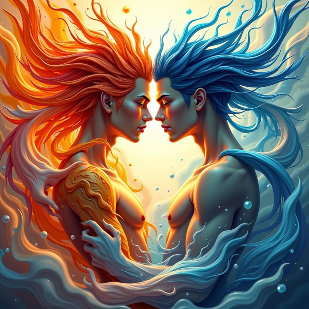 Fire and Water Spirits Embrace in Steamy Whimsical Art