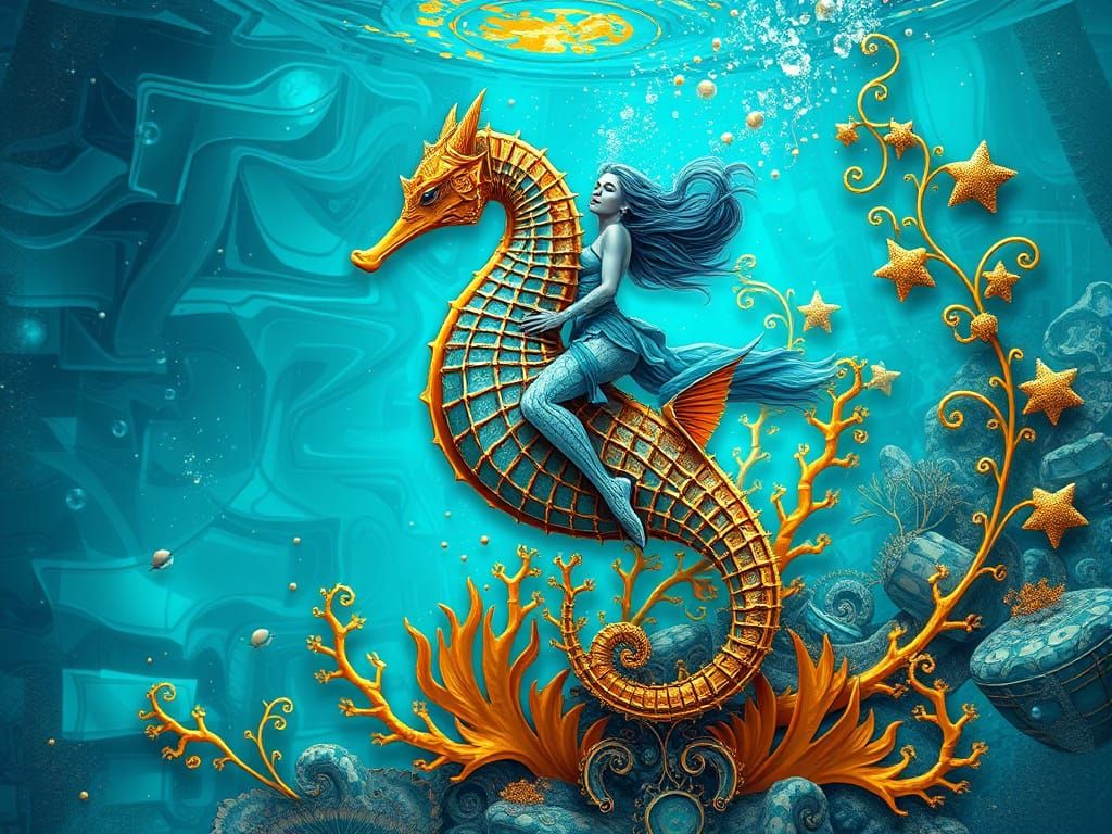 Woman Riding Seahorse in Goldenpunk Underwater Scene