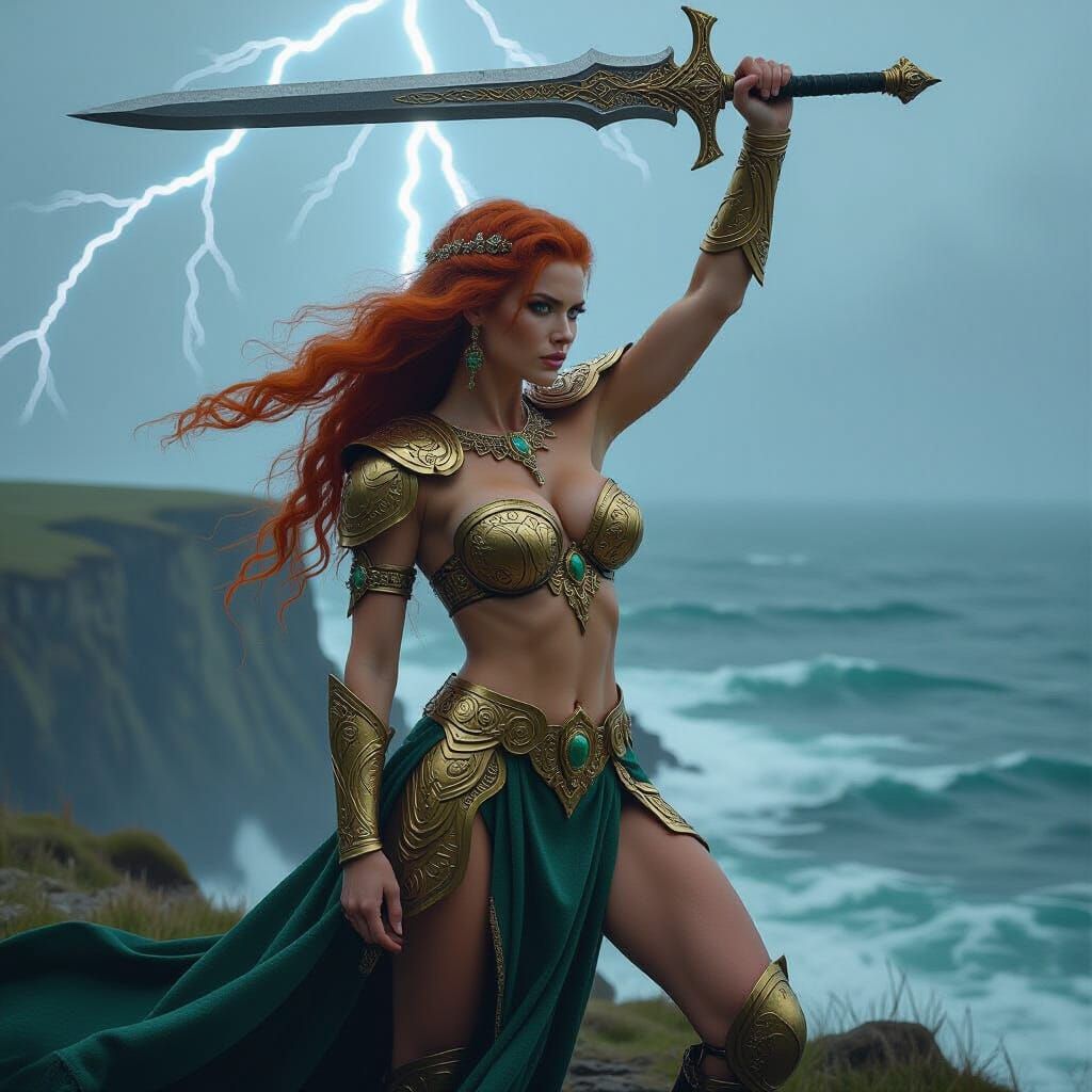 Celtic Warrior Queen with Runic Sword, Hyperrealistic Art