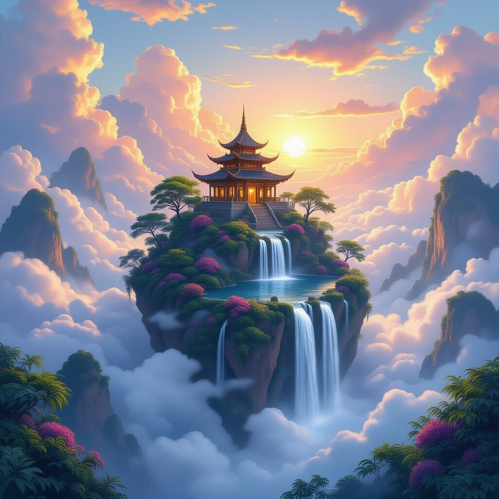 Serene Floating Island Sanctuary with Waterfalls