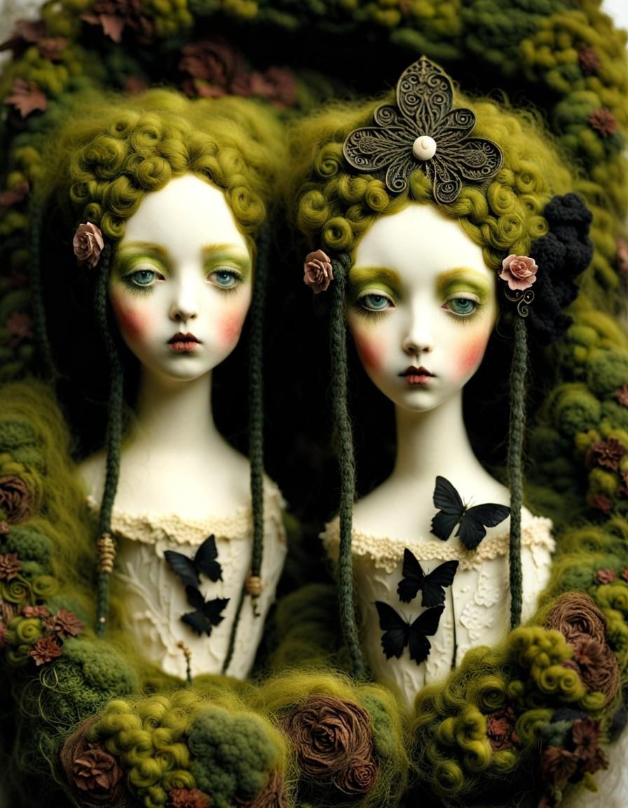 Moss Princess Twins in Gothic Mixed-Media Collage