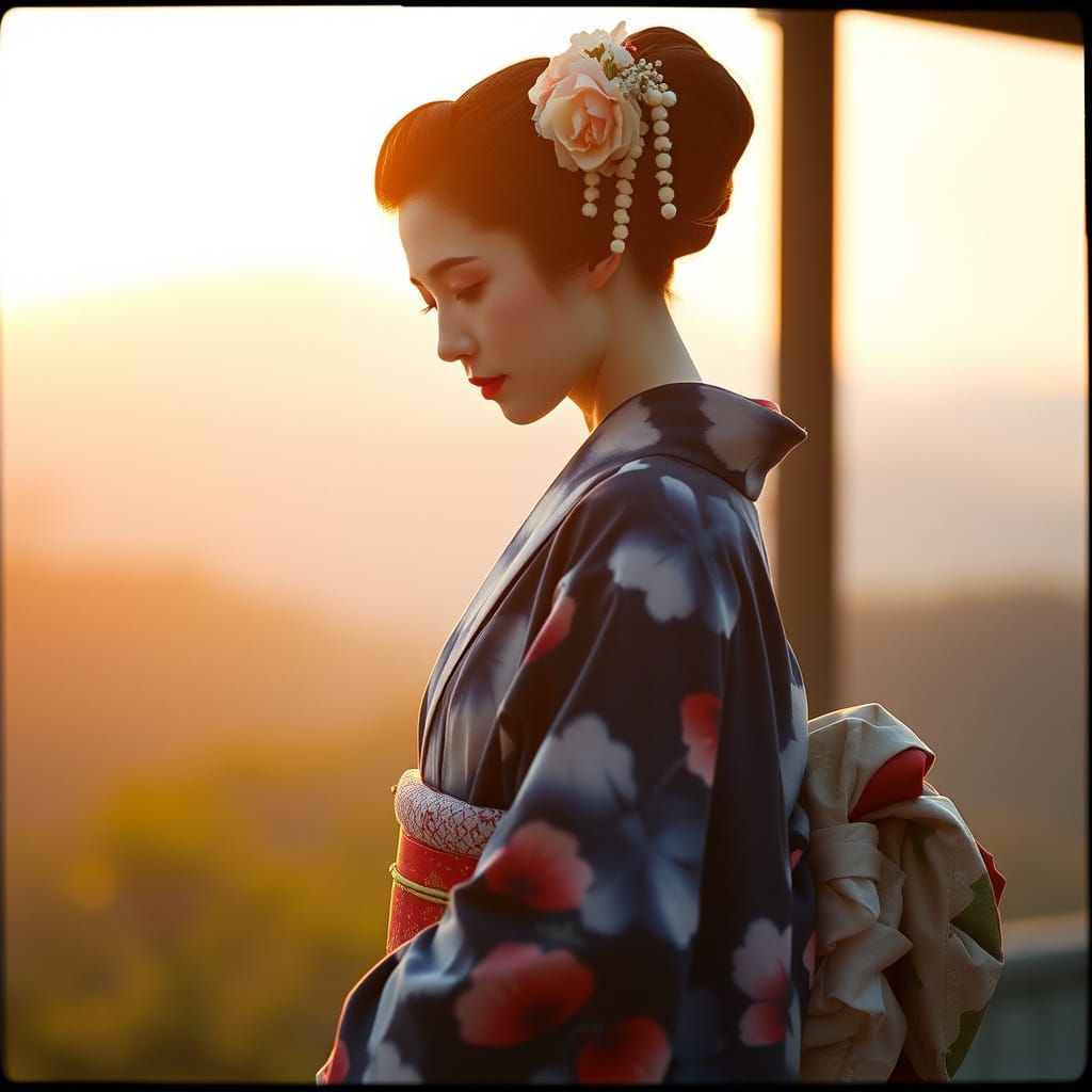 Ethereal Geisha in Navy and White Tie-Dye Kimono