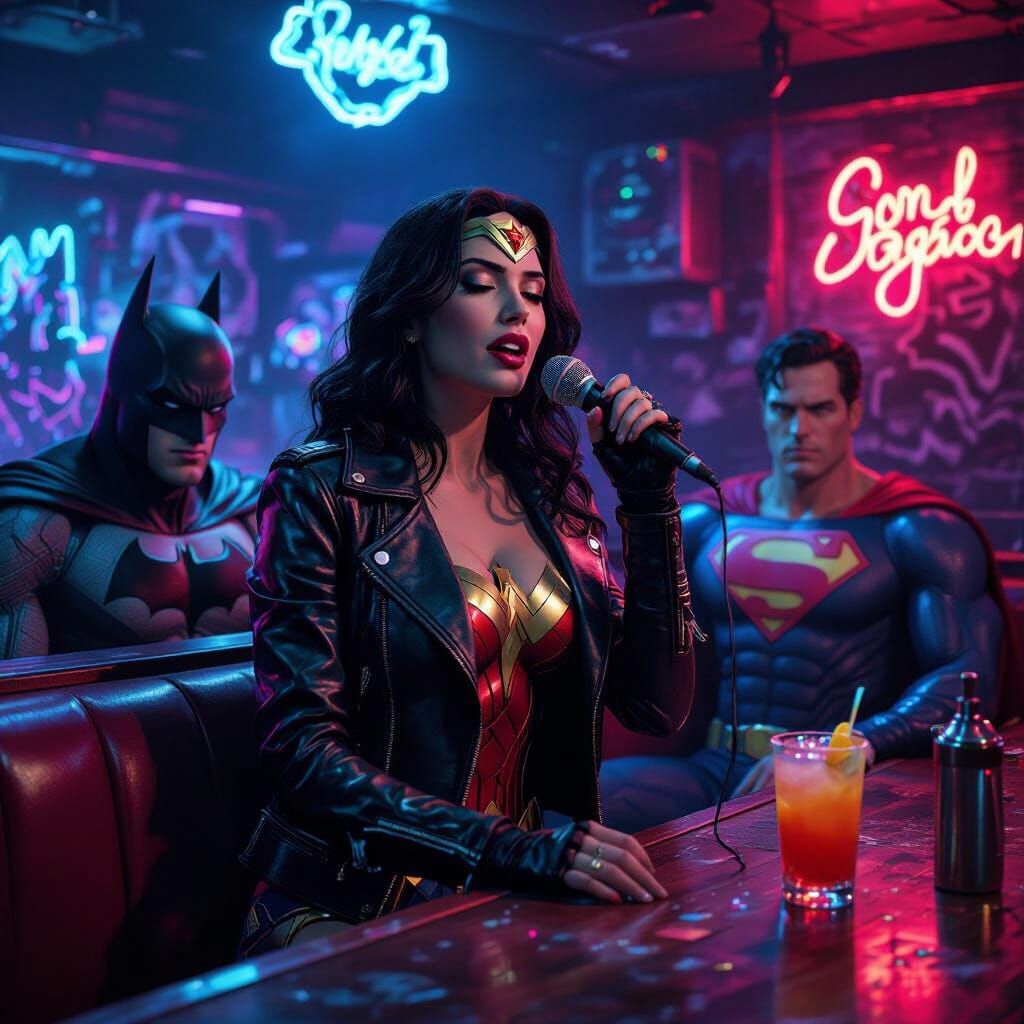 DC Heroes in Cyberpunk Bar, Film Noir Aesthetic