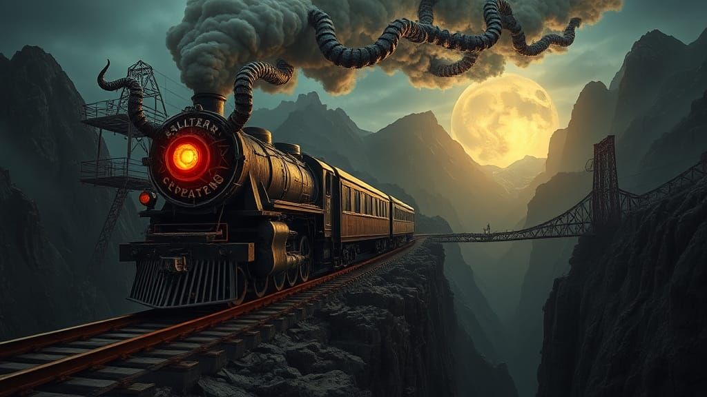 Demonic Train Emerges from Twilight Mountains