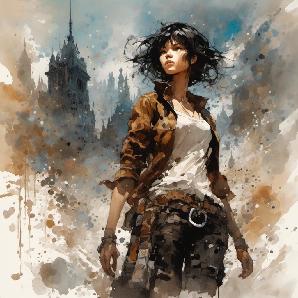 Giant Female Hero in Rainy Watercolor Landscape