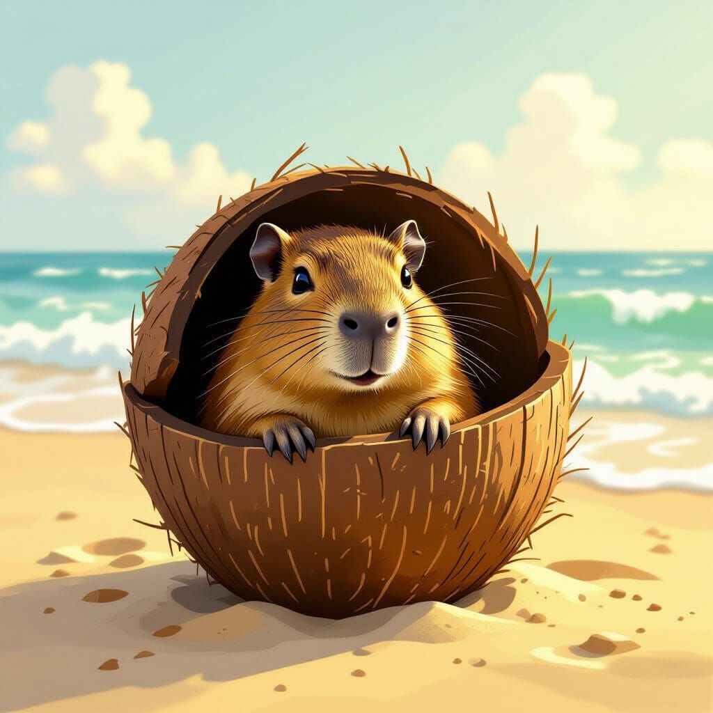 Whimsical Capybara Peeking From Coconut on Beach