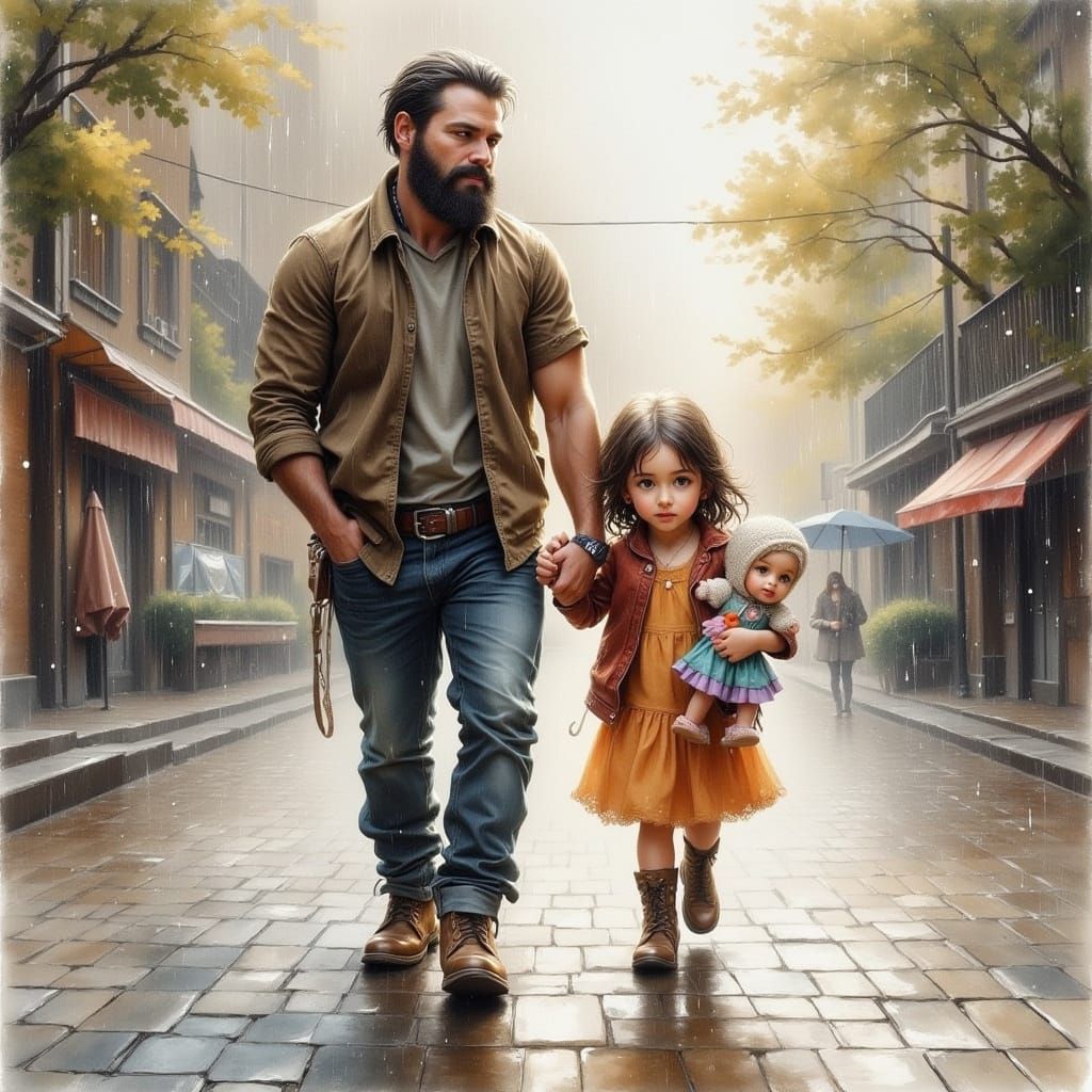 Father and Daughter Stroll in Watercolor Acrylic Style