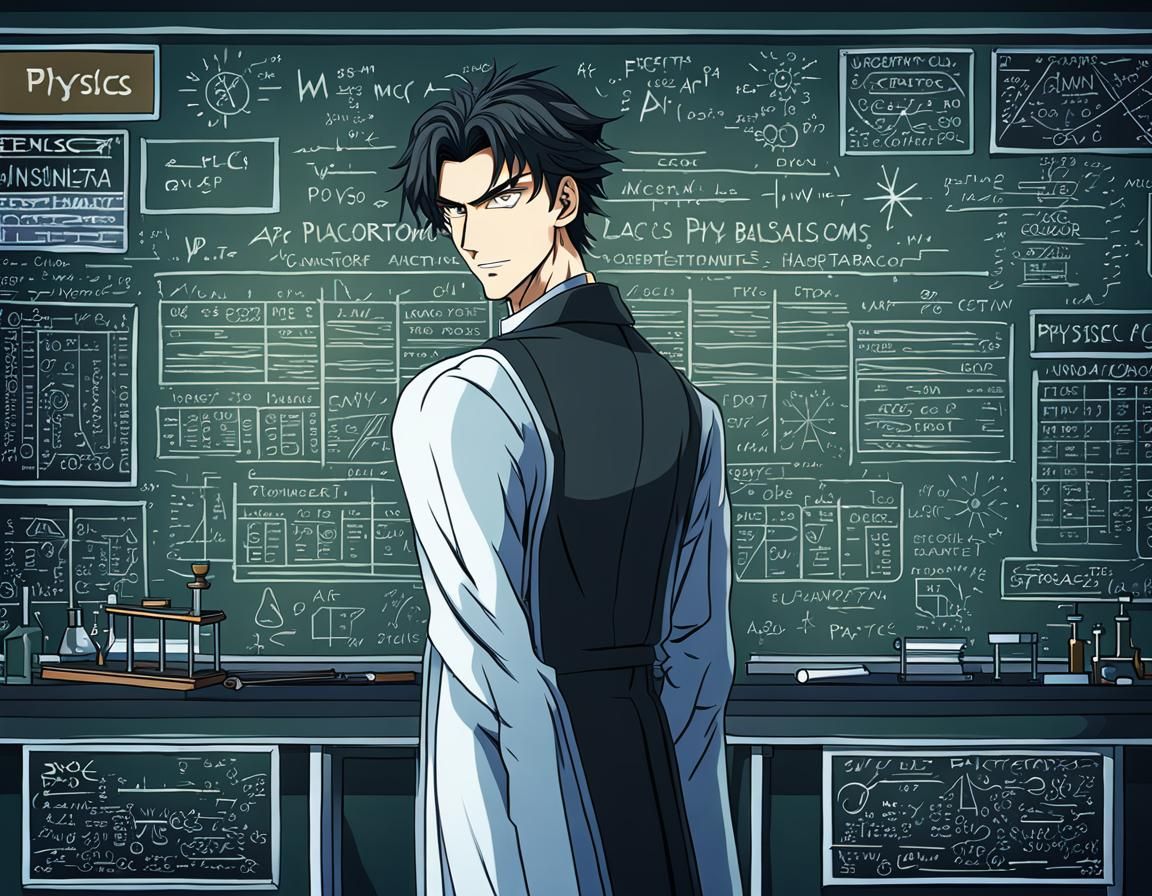 Handsome man in a laboratory in front of the blackboard with...