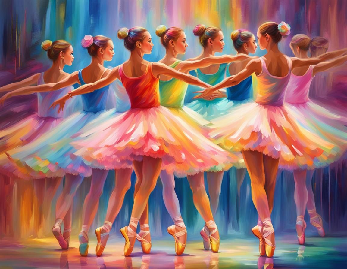 Rainbow Ballerinas Dance in Dreamy Oil Painting