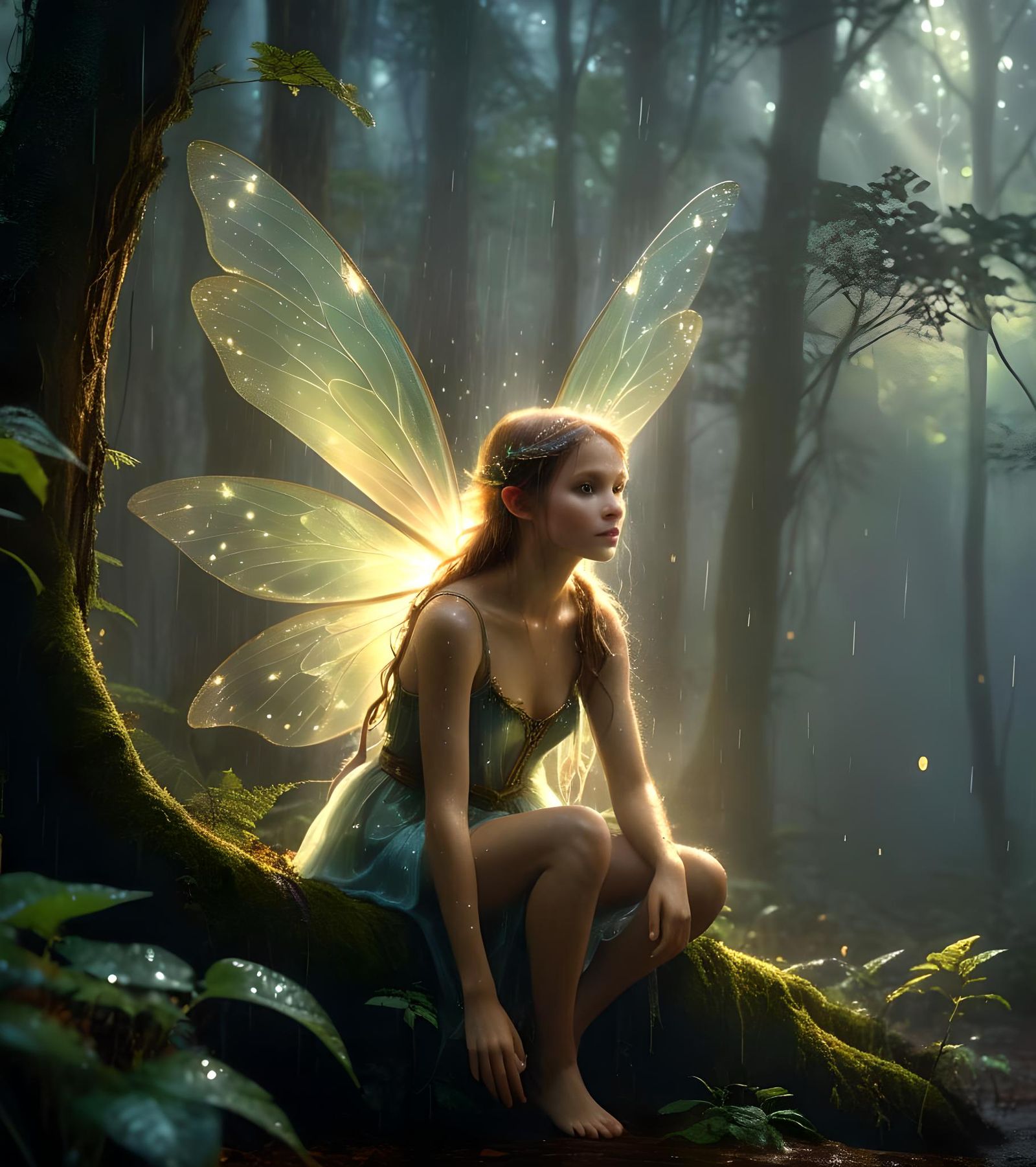 Enchanting Fairy in Rain-Drenched Forest
