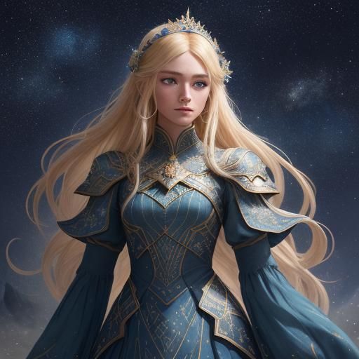 Fantasy Heroine Under Starry Sky in Watercolor Style