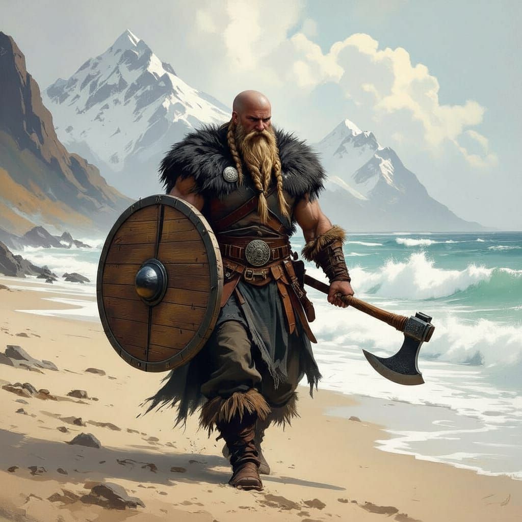 Viking Warrior on Beach with Axe and Shield
