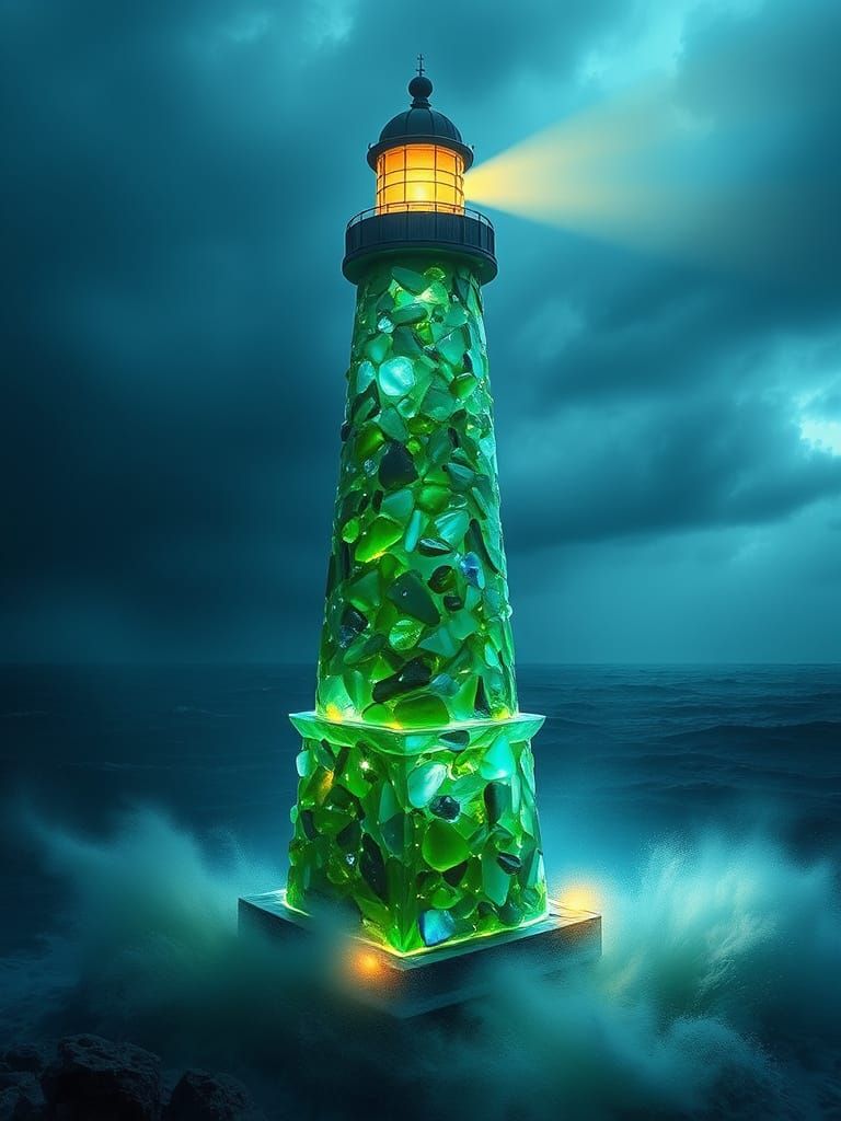 Glowing Sea Glass Lighthouse on Stormy Ocean