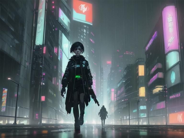 Wounded Woman in Cyberpunk Cityscape, Anime Style