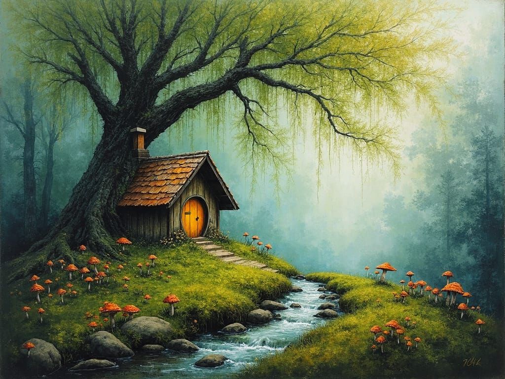 Hobbit Hut in Abstract Forest, Jackson Pollock Style