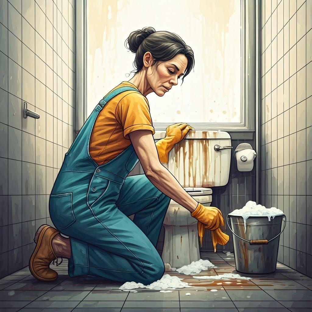 Determined Janitor in Soft Watercolor Portrait