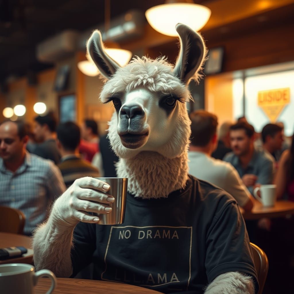 Grumpy Llama Sipping Coffee: 1970s Film Still