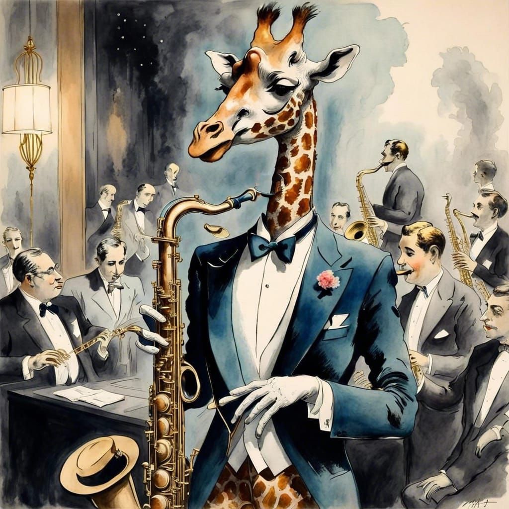 Glamorous Giraffe Saxophonist in Art Deco Etching