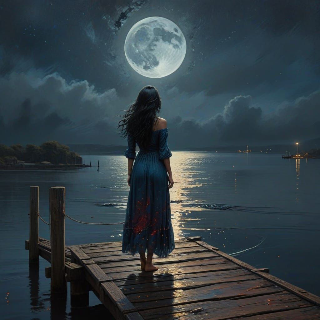 Elegant Woman at Nighttime Dock