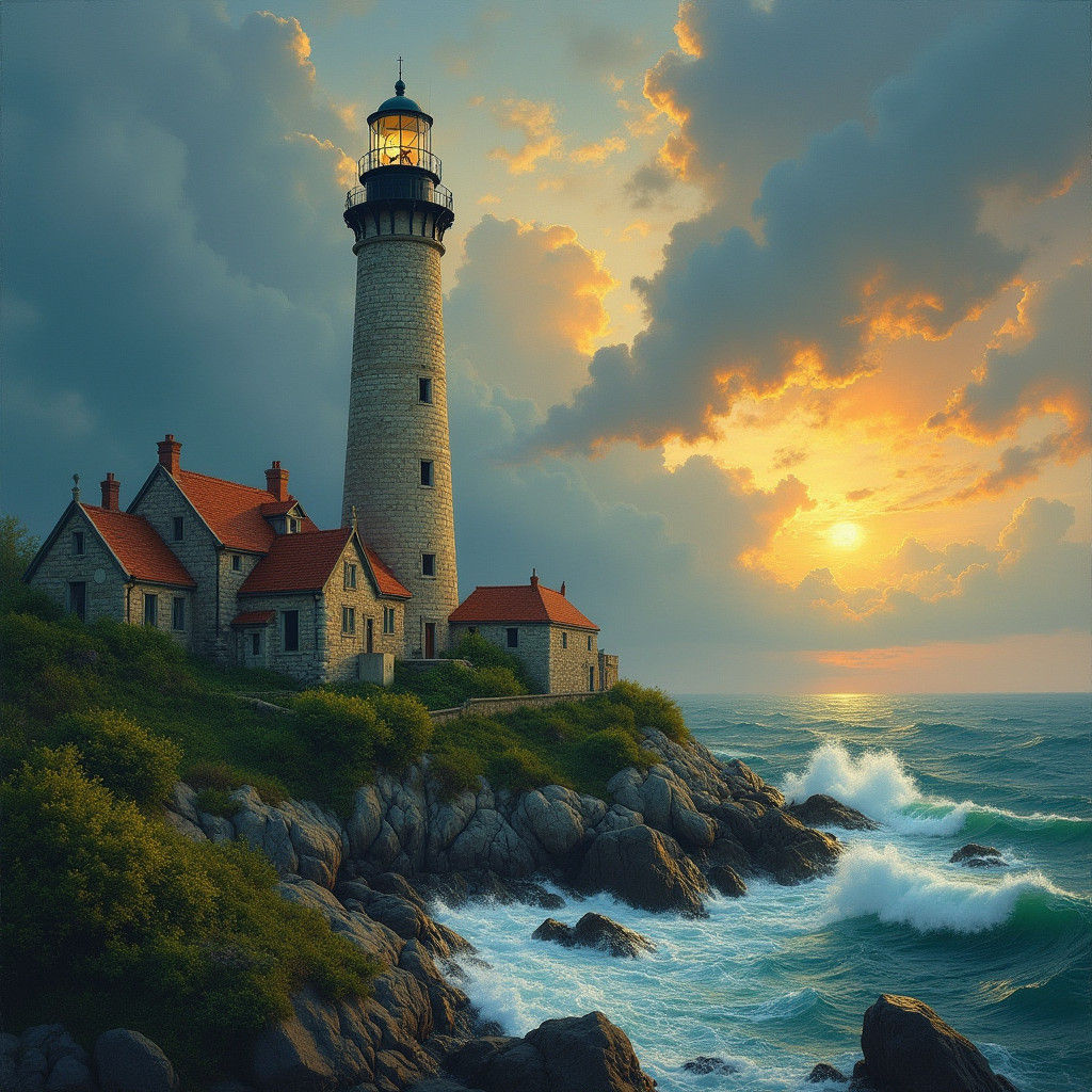 Lighthouse Against Stormy Sky in Classic Painting Style