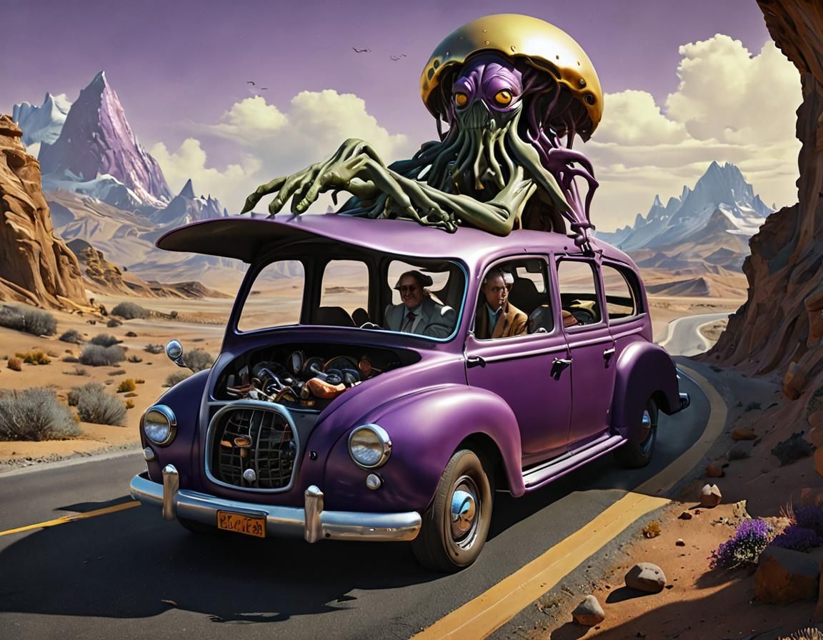 Surreal Carpool: Human and Alien Commute in Dali Style