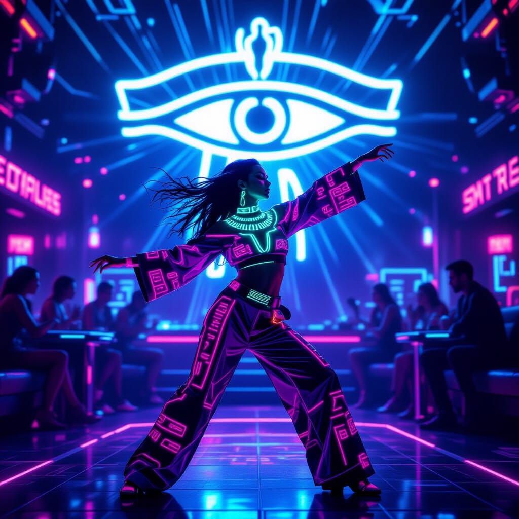 Cyberpunk Dance Club with Hieroglyphs and Neon
