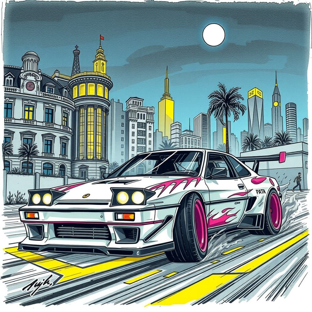 drifting car, cyberpunk style,night city in background, comics art style, pencil sketch style, graffiti style.