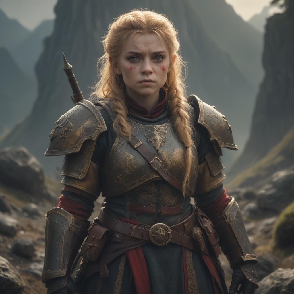 Female Hill Dwarf Soldier in Cinematic Film Still