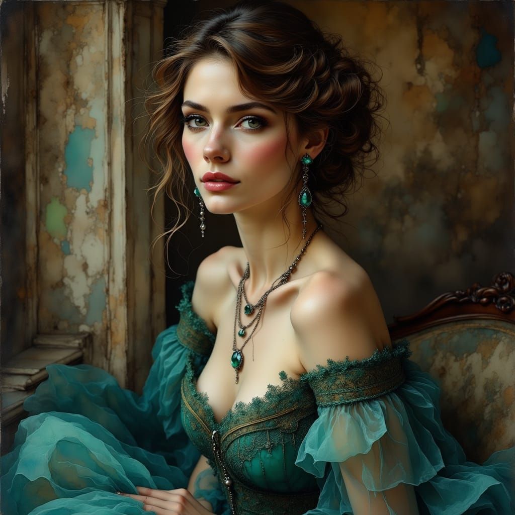 Elegant Woman in 19th-Century Oil Painting Style Evening Gow...